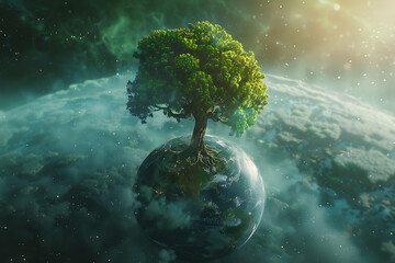 Embrace eco-consciousness with a lush green tree sprouting from a planet, symbolizing sustainability and environmental awareness - obrazy, fototapety, plakaty