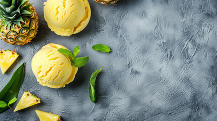 Scoops of pineapple ice cream with fresh pineapple chunks and mint leaves - obrazy, fototapety, plakaty