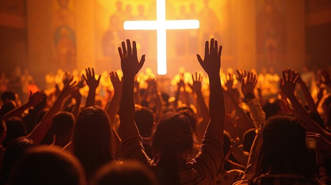 christian worshipers raising hands up in front of the cross church ceremony praying congregation spiritual worship and christianity symbol
