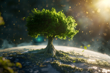 Embrace eco-consciousness with a lush green tree sprouting from a planet, symbolizing sustainability and environmental awareness