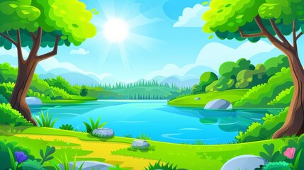 Fototapeta na wymiar A summer forest landscape with a lake, trees, and paths. Modern cartoon illustration of a landscape with a pond, green grass, bushes, stones, and sunlight.
