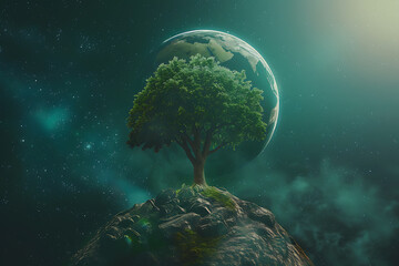 Embrace eco-consciousness with a lush green tree sprouting from a planet, symbolizing sustainability and environmental awareness - obrazy, fototapety, plakaty