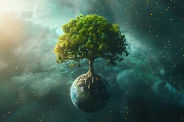 Embrace eco-consciousness with a lush green tree sprouting from a planet, symbolizing sustainability and environmental awareness