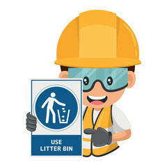 Industrial worker with mandatory sign use litter bin. Putting litter in a bin to avoid material which is harmful or could create a tripping hazard. Industrial safety and occupational health at work