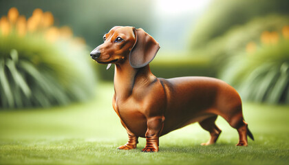 A sleek dachshund standing on a well-kept lawn. The dog is in profile view, showcasing its long body and short legs