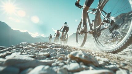 Close-up of a mountain biker riding on a dirt road in the mountains - obrazy, fototapety, plakaty