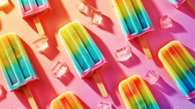 Colorful rainbow popsicles and scattered ice cubes on a pink gradient background