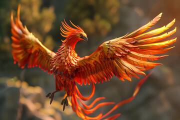A majestic phoenix, a symbol of resilience and luck, rises from the ashes against a vibrant backdrop