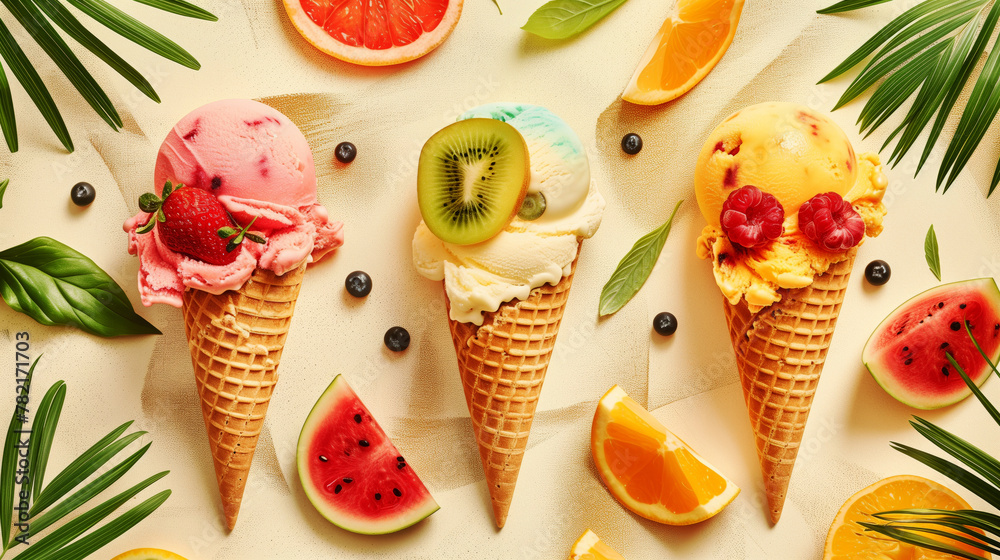 Canvas Prints Colorful ice cream cones decorated with fresh fruits and leaves on a light background