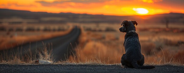 Dog on road, a journey companion waiting for adventure - obrazy, fototapety, plakaty