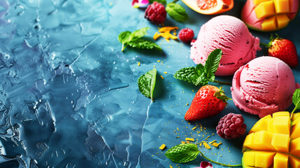 Scoops of strawberry ice cream with fresh fruits and mint leaves on a blue background. - obrazy, fototapety, plakaty