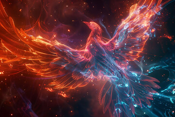 Experience the majesty of a glowing, translucent background as a wireframe phoenix takes flight - obrazy, fototapety, plakaty