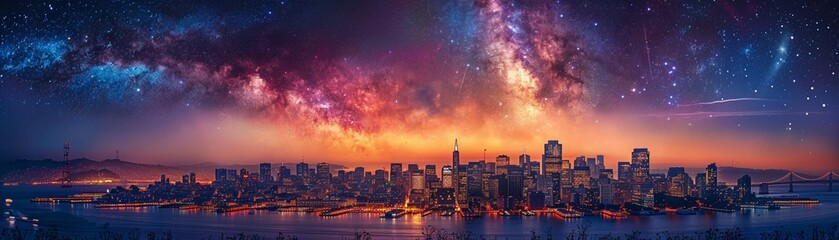 San Francisco California skyline, city lights dancing with stars - obrazy, fototapety, plakaty