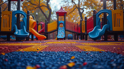 "Autumn Playground: Colors and Empty Slides"
An empty playground with colorful slides and equipment on a vibrant, fall-colored safety surface, framed by autumnal trees.