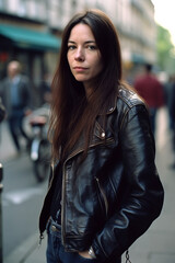 Young beautiful woman with long dark hair wearing leather jacket standing on the street.