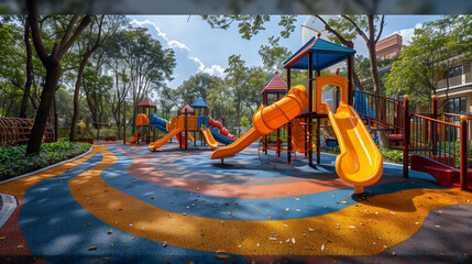 "Sunlit Urban Playground"
A sun-drenched playground with vibrant blue and orange slides and play structures, nestled among urban greenery.