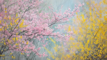 Gorgeous Spring Display Pastel Pink Cherry Blossoms and Yellow Forsythias in Full Bloom, Capturing the Beauty of Nature's Renewal
