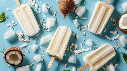 Coconut milk popsicles with fresh coconut and ice on a blue background - obrazy, fototapety, plakaty