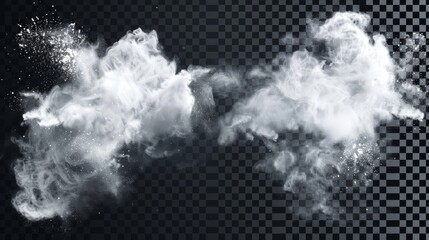 White powder clouds isolated on transparent background. Modern illustration showing dust explosions, crystal clear washing detergent scattered, snow blizzards, flour bursts and more. - obrazy, fototapety, plakaty
