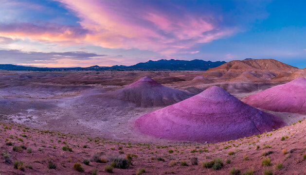 A panoramic, desertic, and empty landscape composed of mounds but with purple hues.