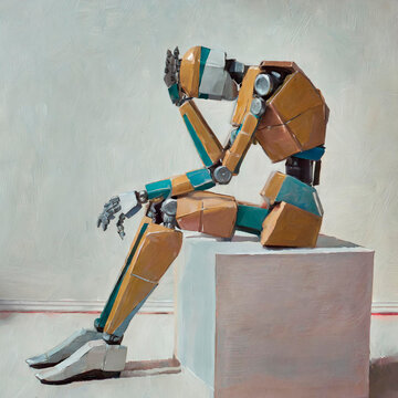 An oil painting of a lonely sad robot sitting over a white cube