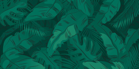 Green palm tree leaves on green background. Tropical leaves, floral abstract pattern, vector illustration.