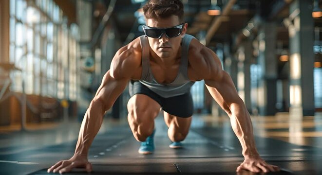 A muscular man in athletic gear doing pushups in a gym