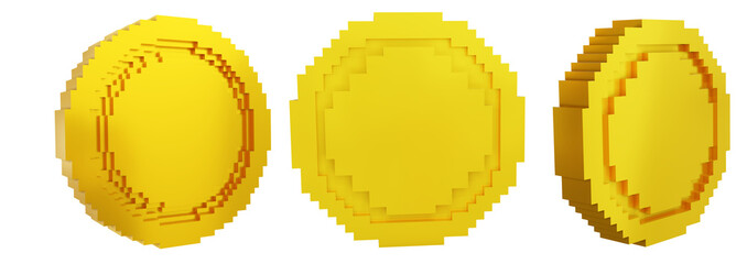Pixelated Riches: set of golden coins in a charming voxel or retro pixel style is perfect for game design, financial visualizations, or adding a touch of nostalgic treasure to your project.