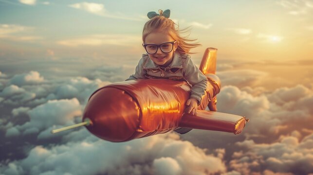 young explorer riding a rocket in the sky with fun and excitement in a fantasy space journey