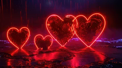 Tuinposter Red neon heart shapes in rainy landscape © Mik Saar