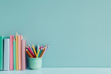 Back to school pastel background with stationery, kids supplies, alarm clock, green apple on table. Colorful paper, color pencils, stack of books. Copy space for text. Front view. Young student desk - obrazy, fototapety, plakaty