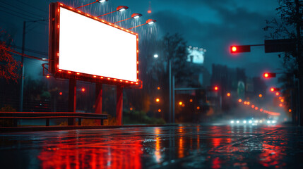 A 4K mockup of a billboard in an elegant night cityscape. The soft glow of city lights enhances the sophistication of the scene, while the billboard's message adds a touch of modernity to the classic 