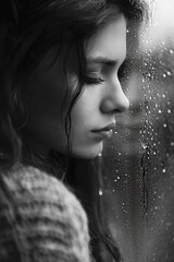 A woman with long hair is looking out a window with raindrops on the glass