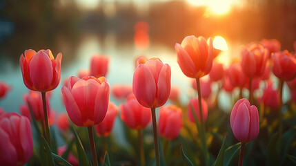 Closeup red tulips in pastel coral tints at blurry background, Fresh spring flowers in the garden with soft sunlight for your horizontal floral poster, wallpaper or holidays card, generative ai - obrazy, fototapety, plakaty