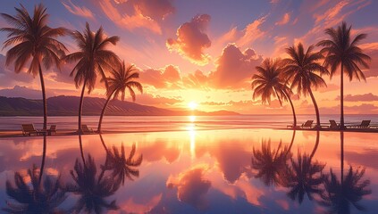 A stunning sunset over the pool at a Hawaii beach, with palm trees silhouetted against an orange sky and reflecting in the clear water of the swimming area. - obrazy, fototapety, plakaty