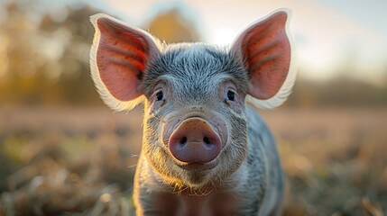 adorable pig closeup on a countryside farm with barn and pink nose and ears in rural setting