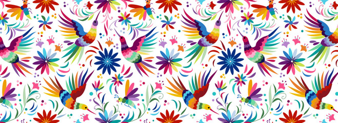 Fototapeta na wymiar Big collection of traditional elements of Mexican pattern Otomi, flowers, leaves, birds, animal