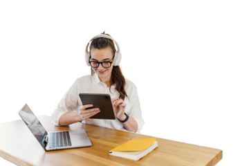A young female education student uses an online learning tablet. Isolated background.