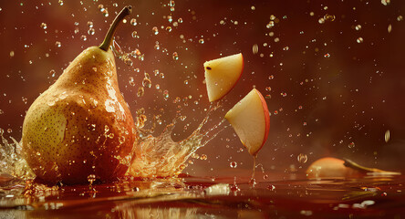 Pear with splash on warm amber background