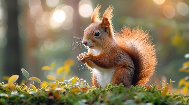 Fototapeta cute red squirrel, sciurus vulgaris, with long ears and fluffy tail eating a nut in green spring forest with copy space, lovely wild animal feeding