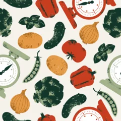 Tuinposter Kitchen scale with the various food. Artichoke with tomato and basil with potato and peas. Seamless pattern. Vector illustration © Maria