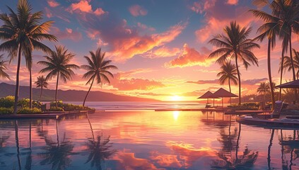 Fototapeta na wymiar A stunning sunset over the pool in Hawaii, with palm trees and vibrant colors reflecting in the water. 