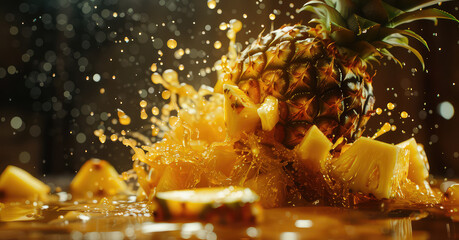 Pineapple with a splash of juice on dark backdrop