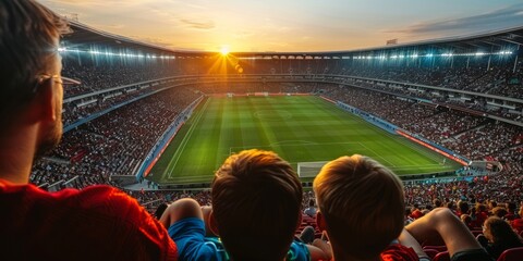 A soccer stadium with people in the stands.