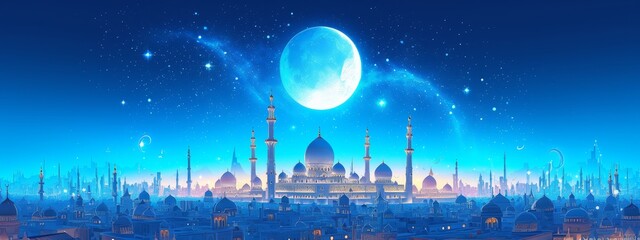 A stunning vector illustration of the radiant sunset over an Islamic city with tall minarets and domes, set against a backdrop of stars in the night sky.
