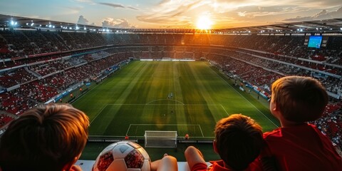 A soccer stadium with people in the stands.
