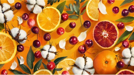 Vibrant Flyer with Cotton, Cranberries, and Citrus Fruits, AI Created