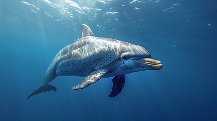dolphin in deep ocean, marine wildlife photography capturing aquatic creatures in their natural habitat - obrazy, fototapety, plakaty