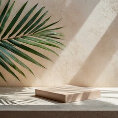 a modern empty pastel brown concrete counter tabletop illuminated by sunlight, with the silhouette of palm leaf foliage casting a graceful shadow on a textured stucco wall in the background. The soft 