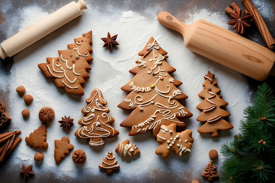 Deliciously iced gingerbread cookies shaped like Christmas trees adorn a powdered sugared surface